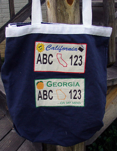 License Plates Stitched on a tote bag